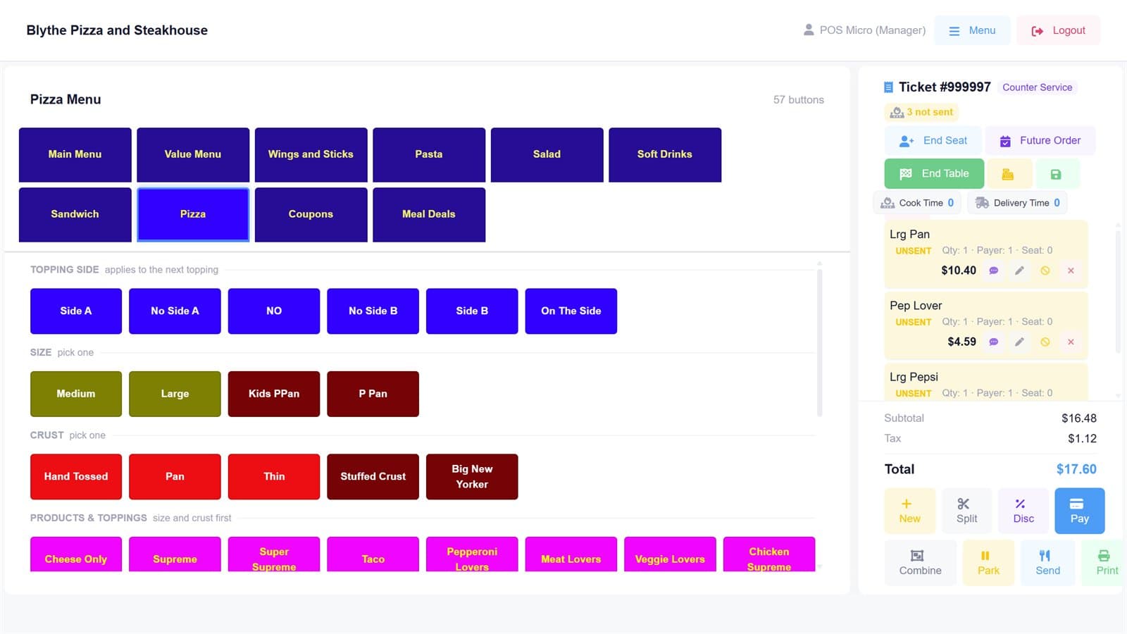 CashSheet POS pizza builder: size, crust, toppings and topping side