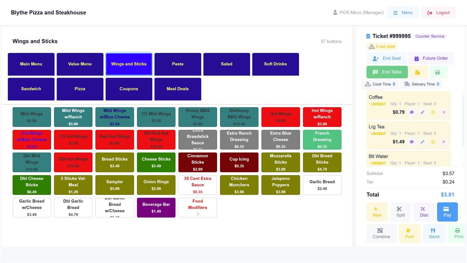 CashSheet POS: a wings menu screen with an open counter-service ticket